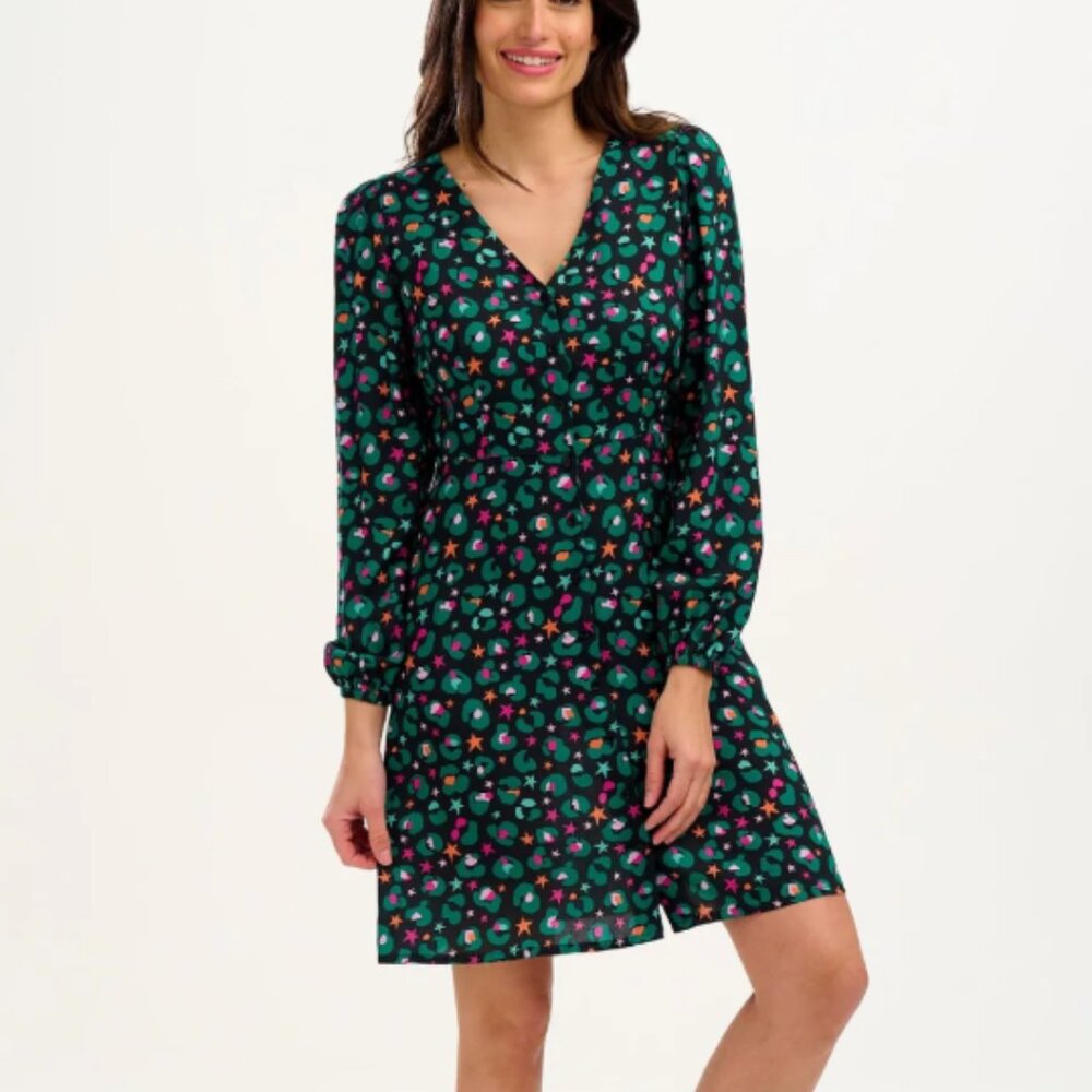 Sugarhill Brighton Natalia black green button front long sleeve tea dress 4